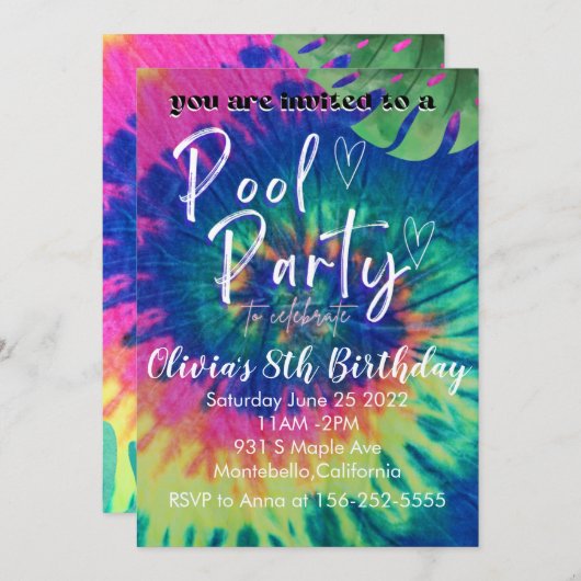 Zwembadfeest Tie Dye Uitnodiging Verjaardag (Voorkant / Achterkant)