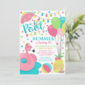 Zwembadfeest Uitnodiging Meisje Flamingo Drijver Z (Staand voorkant)