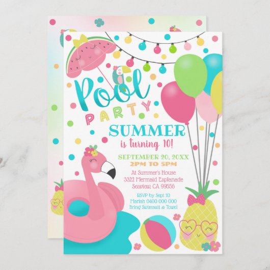 Zwembadfeest Uitnodiging Meisje Flamingo Drijver Z (Voorkant / Achterkant)