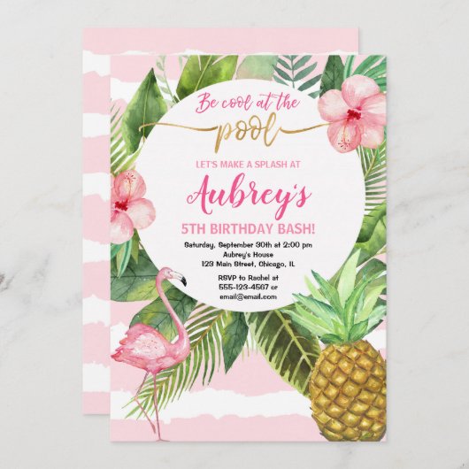 Zwembadfeest verjaardag, tropisch roze en gouden m kaart (Voorkant / Achterkant)