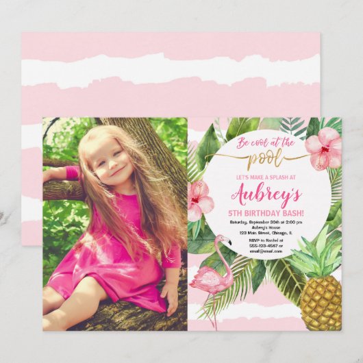 Zwembadfeest verjaardag, tropische roze en gouden  kaart (Voorkant / Achterkant)