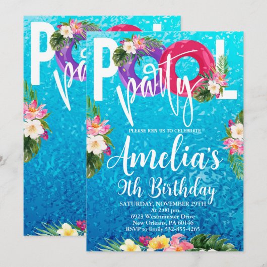 Zwembadfeest, verjaardag, zwemfeest, elke leeftijd kaart (Voorkant / Achterkant)