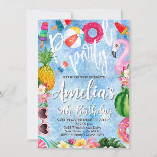 Zwembadfeest, verjaardag, zwemfeest, elke leeftijd kaart (Voorkant)