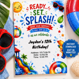 Zwembadfeest Waterdia Geverjaardagsuitnodiging voo Kaart
