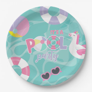 Zwembadfeestje Eenhoorn Roze en Paarse Verjaardag Papieren Bordje