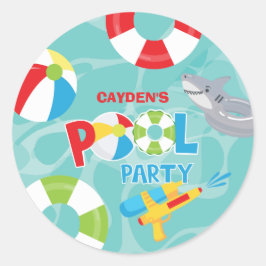 Zwembadfeestje Jongen Verjaardag Haai Vlot Ronde Sticker