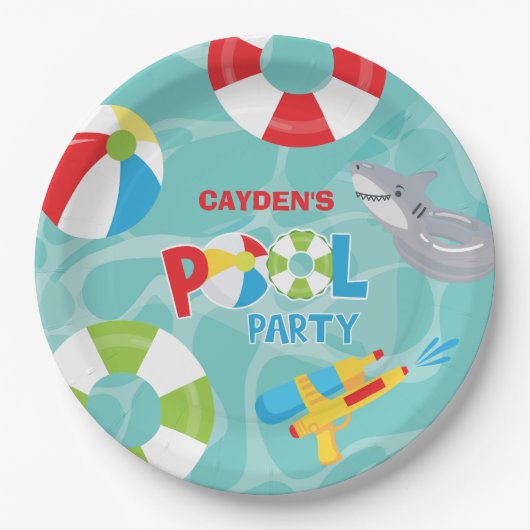 Zwembadfeestje Jongen Verjaardag Haai Zwemband Papieren Bordje (Voorkant)