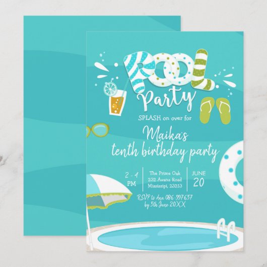 Zwembadfeestje Kinderverjaardagsuitnodiging Kaart (Voorkant / Achterkant)