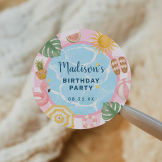 Zwembadfeestje Zomer Meisje Verjaardag Ronde Sticker