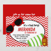 Zwembolpartij - Rode Chevron Birthday - Uitnodigin Kaart (Voorkant / Achterkant)