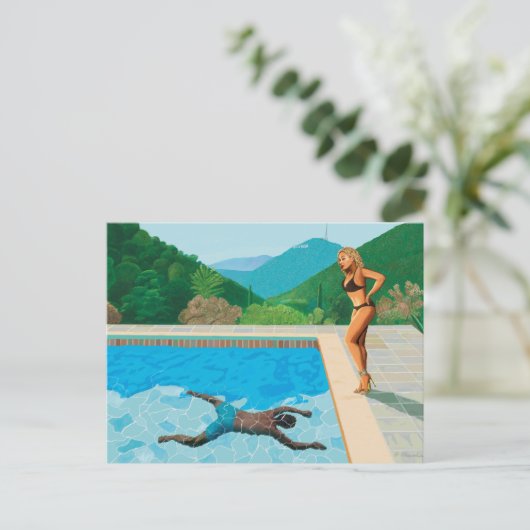 Zwembool met 2 beroemdheden briefkaart (Staand voorkant)