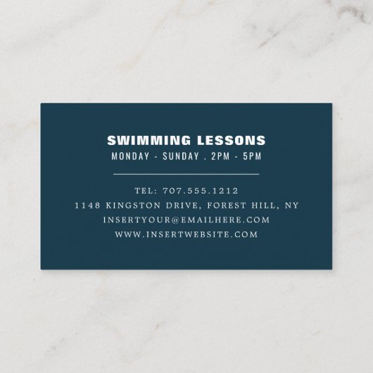 Zwembool, zwemcoach/instructeur visitekaartje (Achterkant)