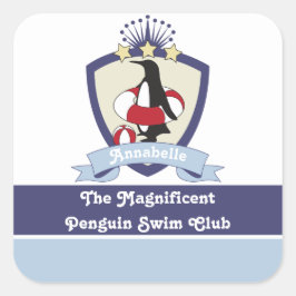 Zwemclub Crest Schattige Cartoon Pinguïn Kinderen  Vierkante Sticker