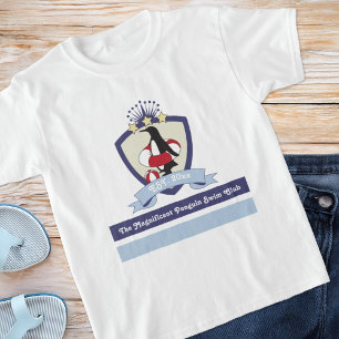 Zwemclub Crest Schattige Cartoon Pinguïn T-shirt