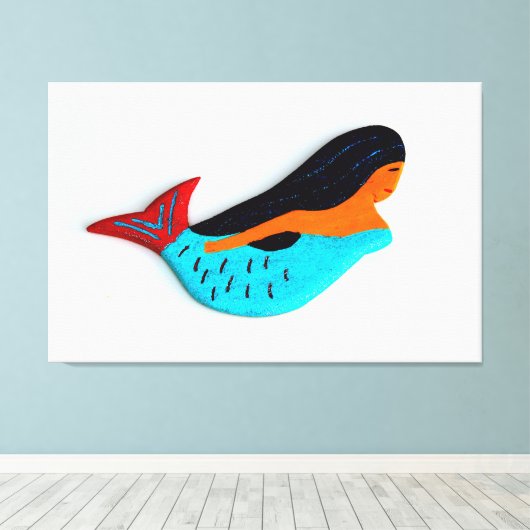 zwemdoek met brunette zeemeermin in doek canvas afdruk (Insitu (Houten vloer))