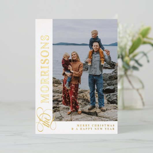 Zwemel de familienaam Merry kerstGold Folie Feestdagenkaart (Staand Voorkant)
