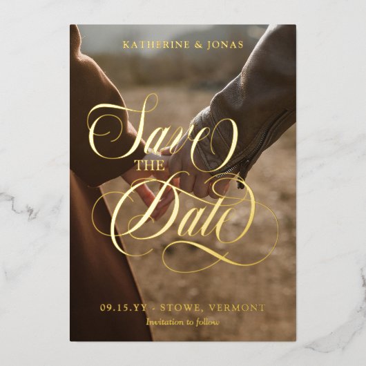 Zwemele goudkalligrafie Foto Opslaan Datum Folie Uitnodiging (Voorkant)