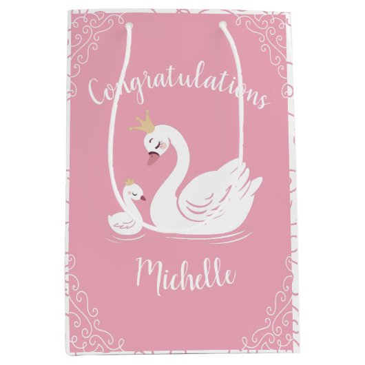 Zwemelen Baby shower Vogel met kroonthema Roze Medium Cadeauzakje (Voorkant)