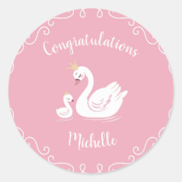 Zwemelen Baby shower Vogel met kroonthema Roze Ronde Sticker