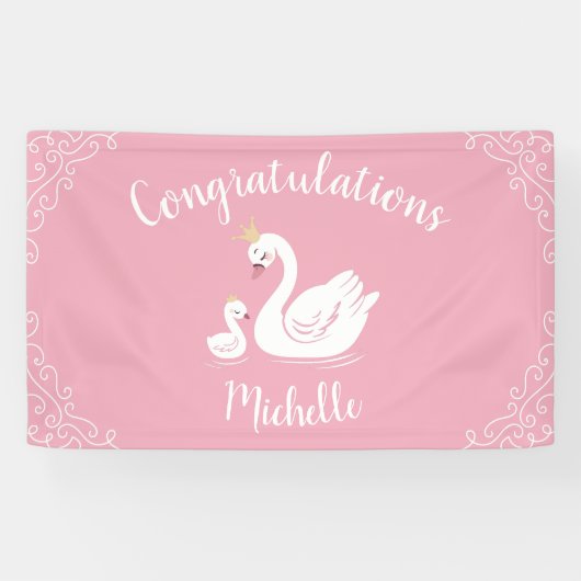 Zwemelen Baby shower Vogel met kroonthema Roze Spandoek (Horizontaal)