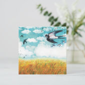 Zwemelen die over een tarweveld vliegen feestdagenkaart (Staand voorkant)