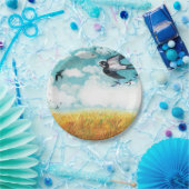 Zwemelen die over een tarweveld vliegen papieren bordje (Feest)