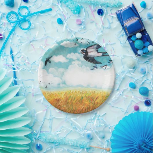 Zwemelen die over een tarweveld vliegen papieren bordje (Feest)