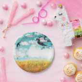 Zwemelen die over een tarweveld vliegen papieren bordje (Feest)