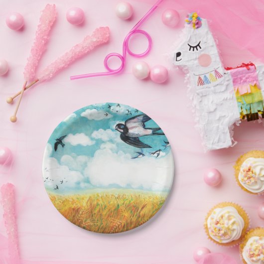 Zwemelen die over een tarweveld vliegen papieren bordje (Feest)