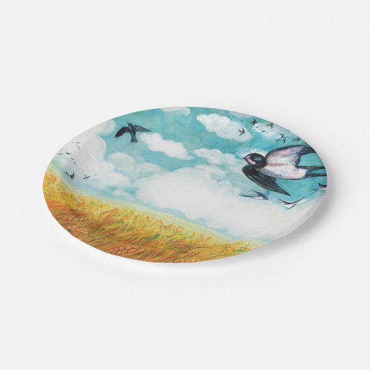 Zwemelen die over een tarweveld vliegen papieren bordje (Gekanteld)