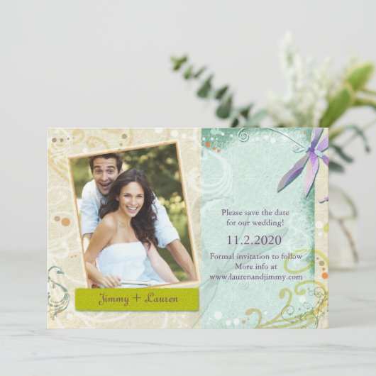 Zwemelen en Dragonfly Foto bruiloft Opslaan Datum Save The Date (Staand voorkant)