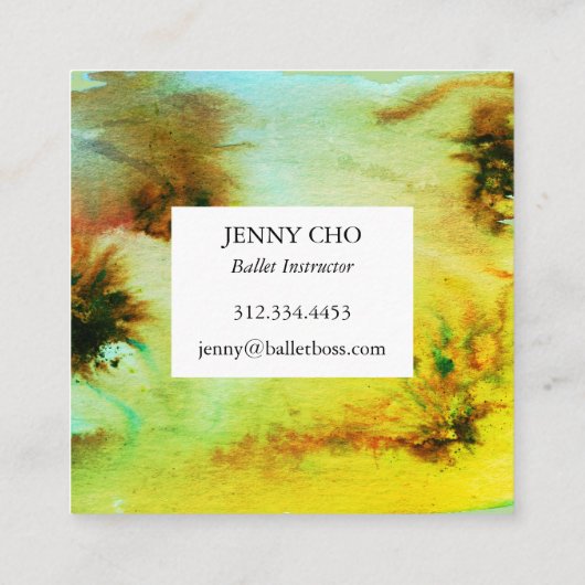 Zwemelen en spetters waterverf visitekaartje vierk (Achterkant)