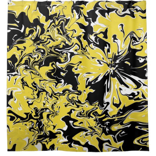 Zwemelen van zwart, wit en geel douchegordijn (Voorkant)