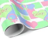 Zwemelen, vierkantjes en harten+naam/Vrouw-teken/h Cadeaupapier (Rol Hoek)