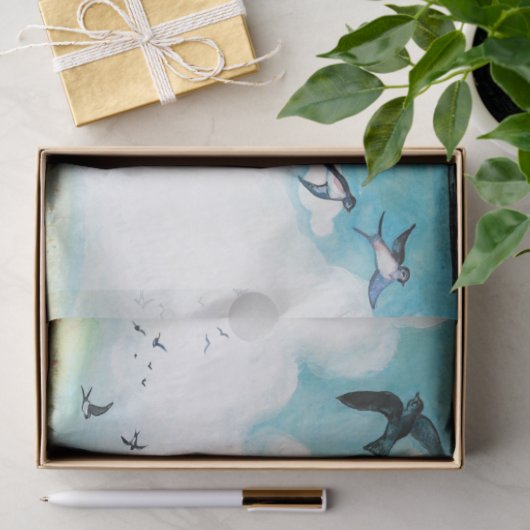 Zwemelen vliegen over blauwe hemel tissuepapier (Geschenk)