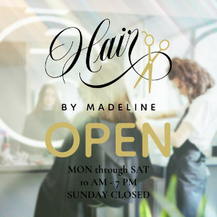 Zwemelen, zwart haar en schaar Hair Salon Open Ure Raamsticker