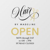 Zwemelen, zwart haar en schaar Hair Salon Open Ure Raamsticker (Vel)