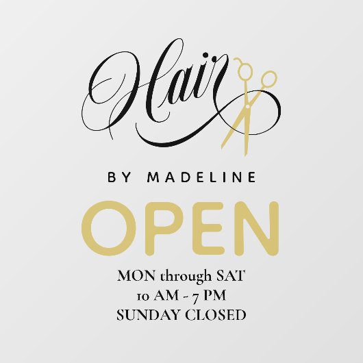 Zwemelen, zwart haar en schaar Hair Salon Open Ure Raamsticker (Vel)