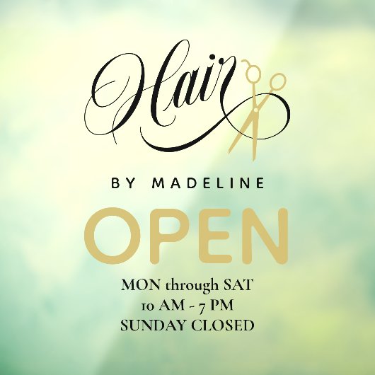 Zwemelen, zwart haar en schaar Hair Salon Open Ure Raamsticker (Vel 3)