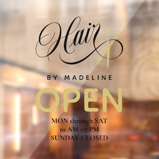 Zwemelen, zwart haar en schaar Hair Salon Open Ure Raamsticker (Vel 2)