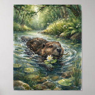 Zwemende bever met waterlelie bosstroom water poster