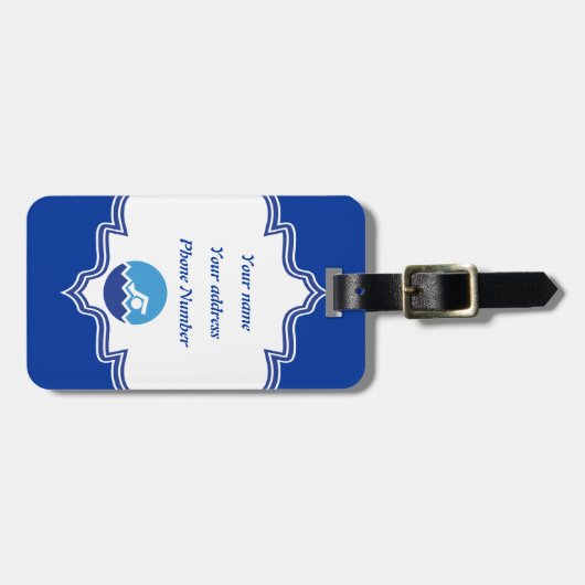 Zwemende giften, zwemmer op een blauwe cirkeldouan bagagelabel (Voorkant horizontaal)