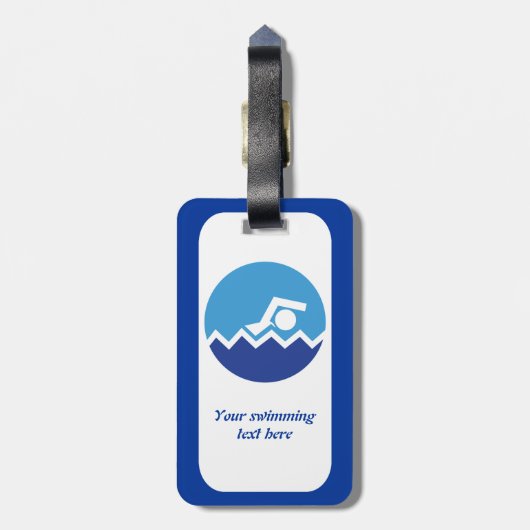 Zwemende giften, zwemmer op een blauwe cirkeldouan bagagelabel (Achterkant verticaal)