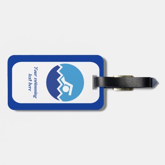 Zwemende giften, zwemmer op een blauwe cirkeldouan bagagelabel (Achterkant horizontaal)