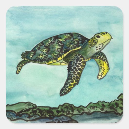 Zwemende groene schildpad vierkante sticker (Voorkant)