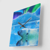 Zwemende Polaire Beer & Aurora Art Clock Vierkante Klok (Hoek)