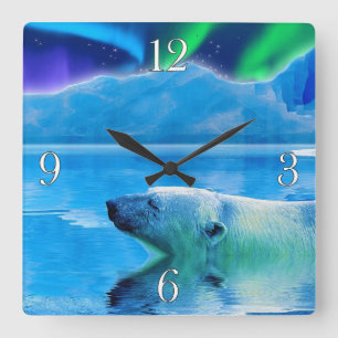 Zwemende Polaire Beer & Aurora Art Clock Vierkante Klok