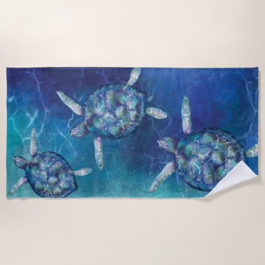 Zwemende Zeeen Draaikrokken Diep Blauw en Turquois Strandlaken (Voorkant)