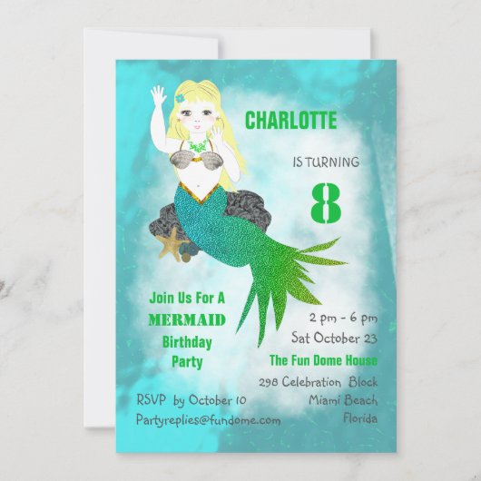 Zwemende zeemeerminnende jute-dag-feest uitnodigen kaart (Voorkant)