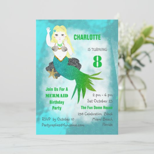 Zwemende zeemeerminnende jute-dag-feest uitnodigen kaart (Staand voorkant)